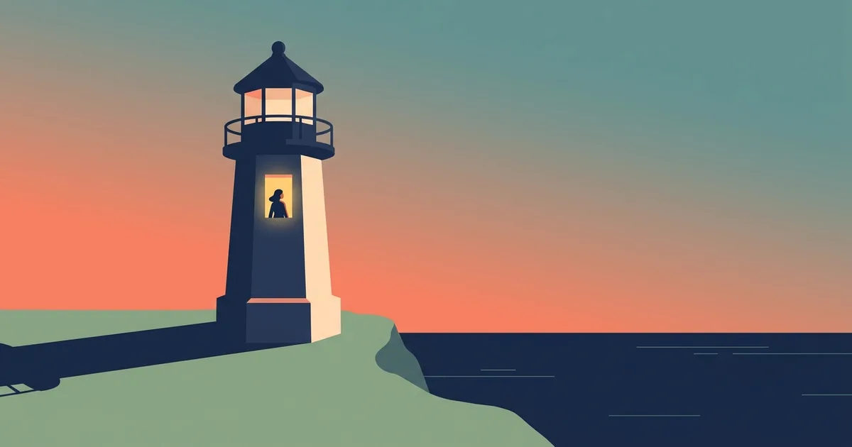 Editorial flat illustration for a guide to changing careers from customer service: a lighthouse on a coastal cliff at dusk with one warmly lit window and a small figure inside.