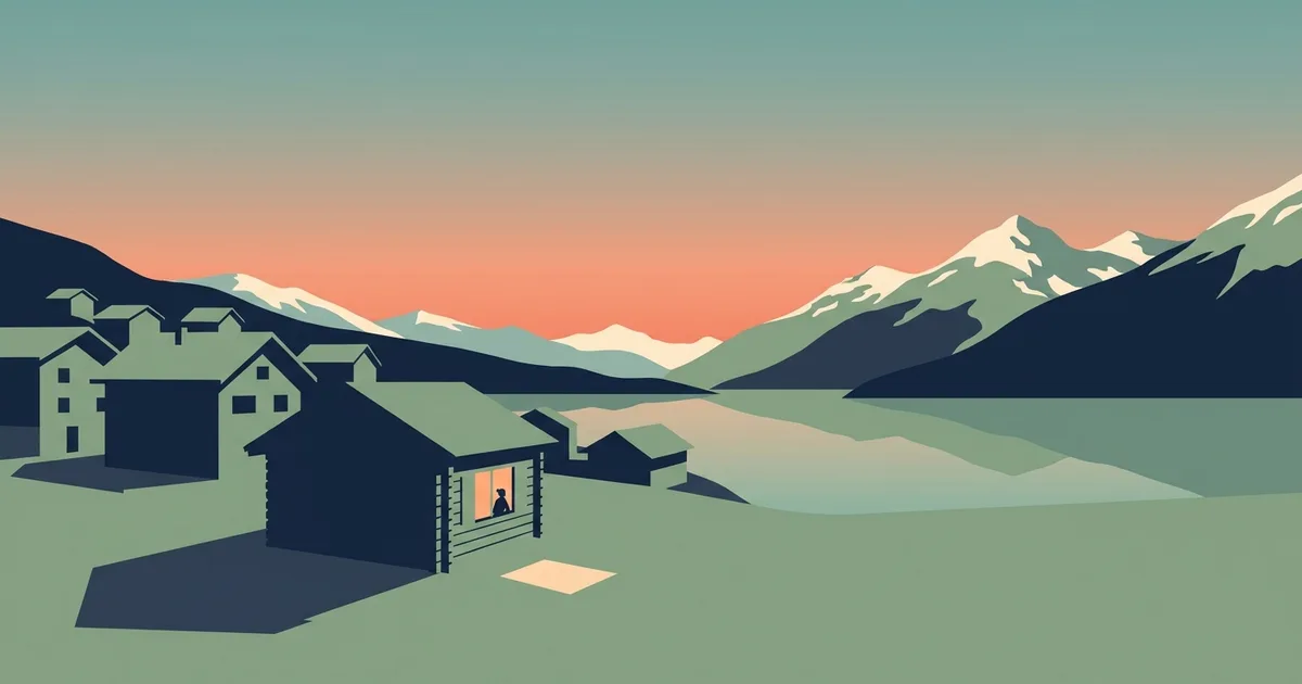 Illustration au coucher du soleil d'un village alpin suisse au bord d'un lac, avec un chalet dont la fenetre est chaleureusement eclairee et une petite silhouette a l'interieur.