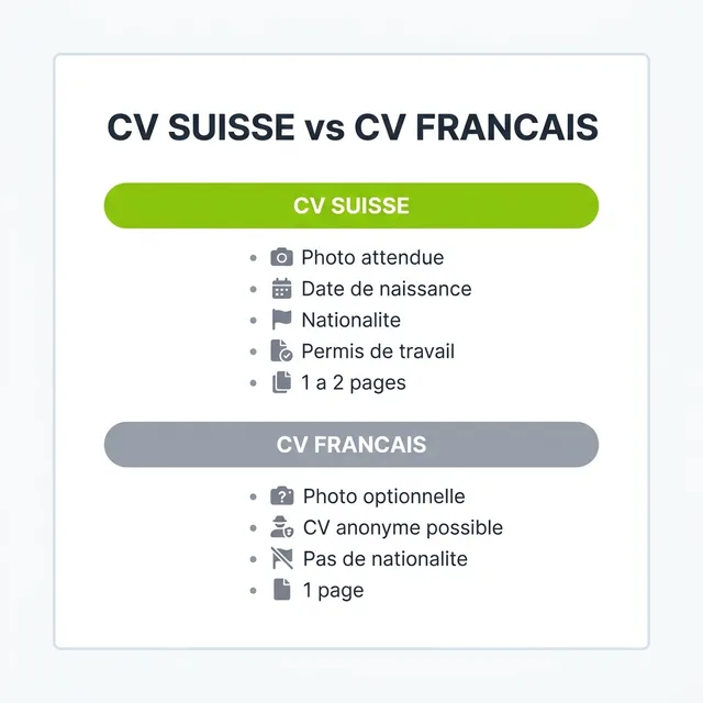 Carte comparant le CV suisse et le CV francais sur la photo, la date de naissance, la nationalite, le permis et la longueur.