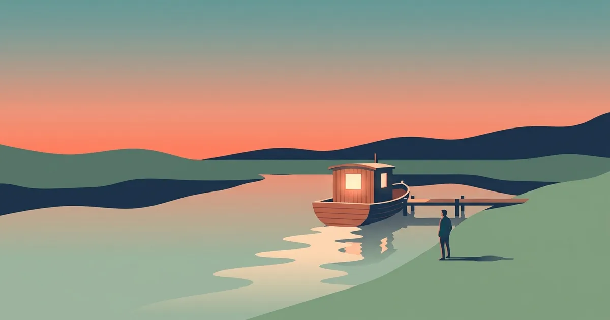 Flat illustration of a small riverboat with a lit cabin window on a calm river at dusk, a lone figure on the bank looking toward it.