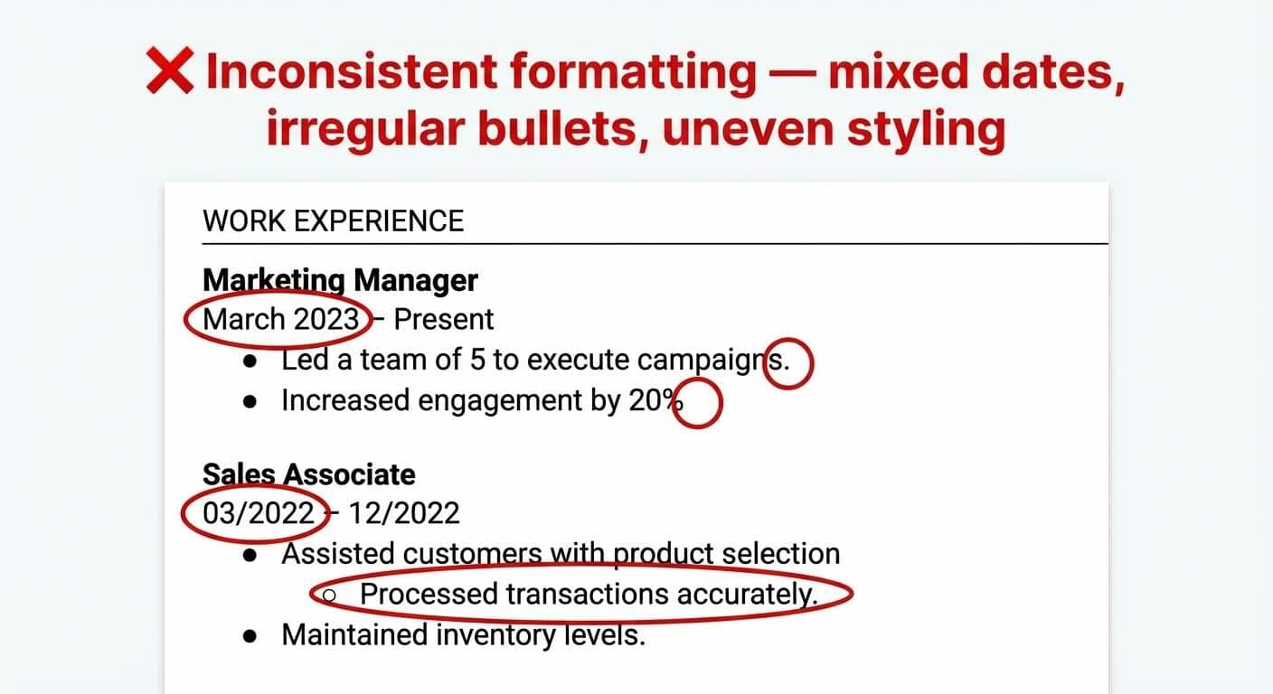 Resume showing inconsistent formatting with mixed date formats uneven bullets and irregular styling circled in red