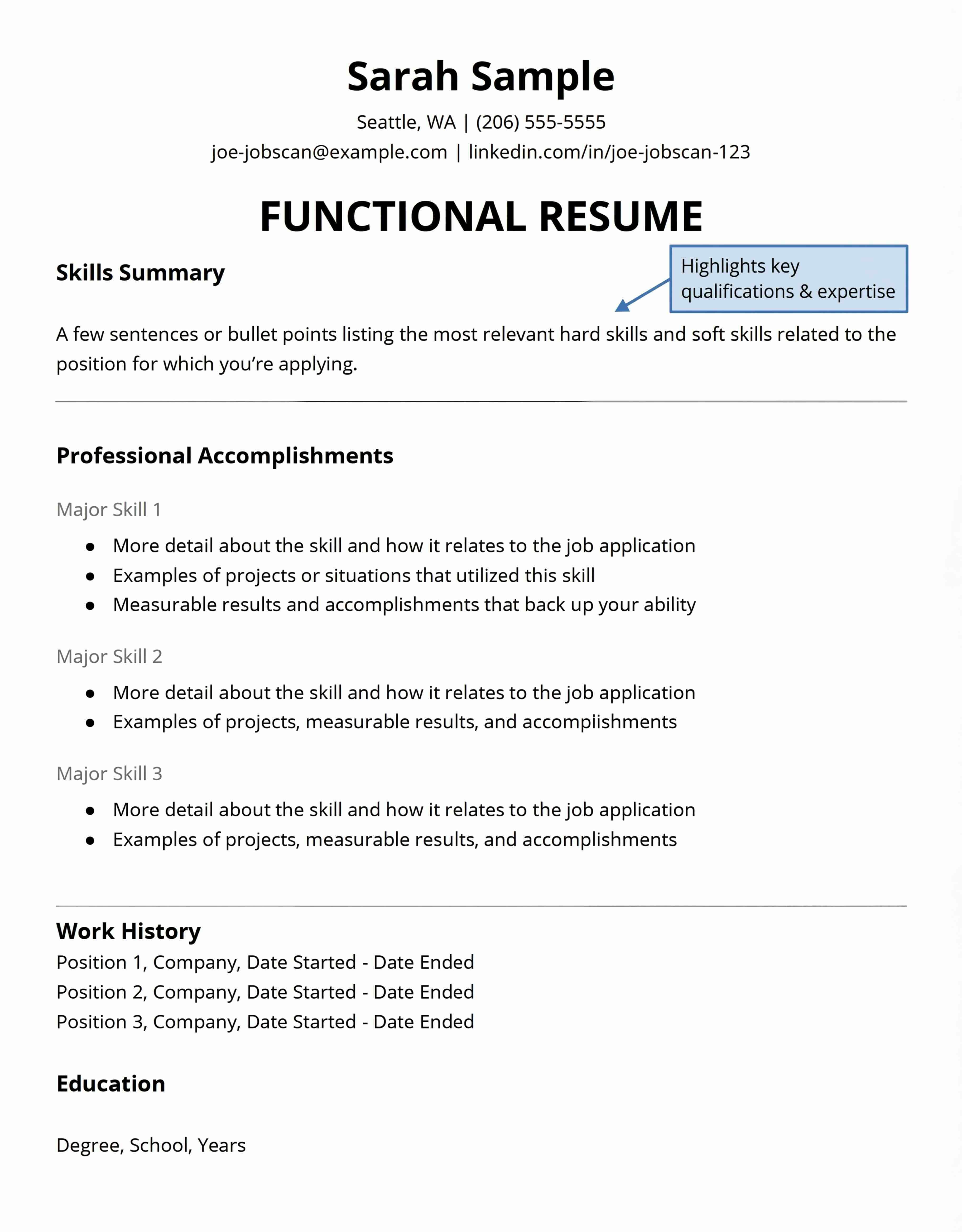 Example of a functional resume format organized by skill categories instead of work history