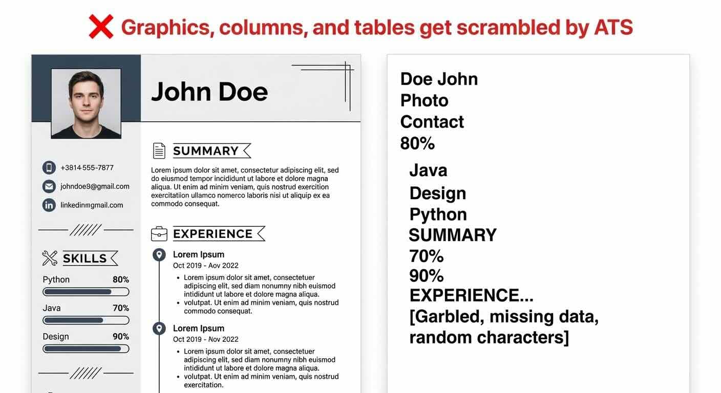 Two column resume with graphics showing how ATS scrambles the content into unreadable text