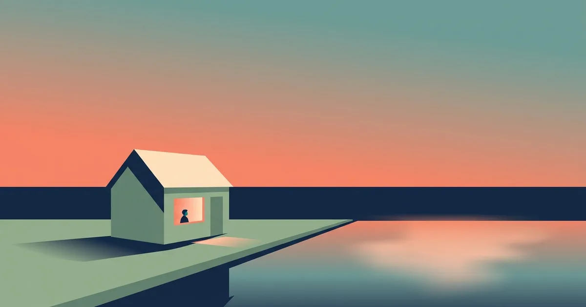 Editorial illustration of a lone cabin beside a calm lake at dusk with one warmly lit window and a single small figure inside, coral and teal sky reflected on the water.