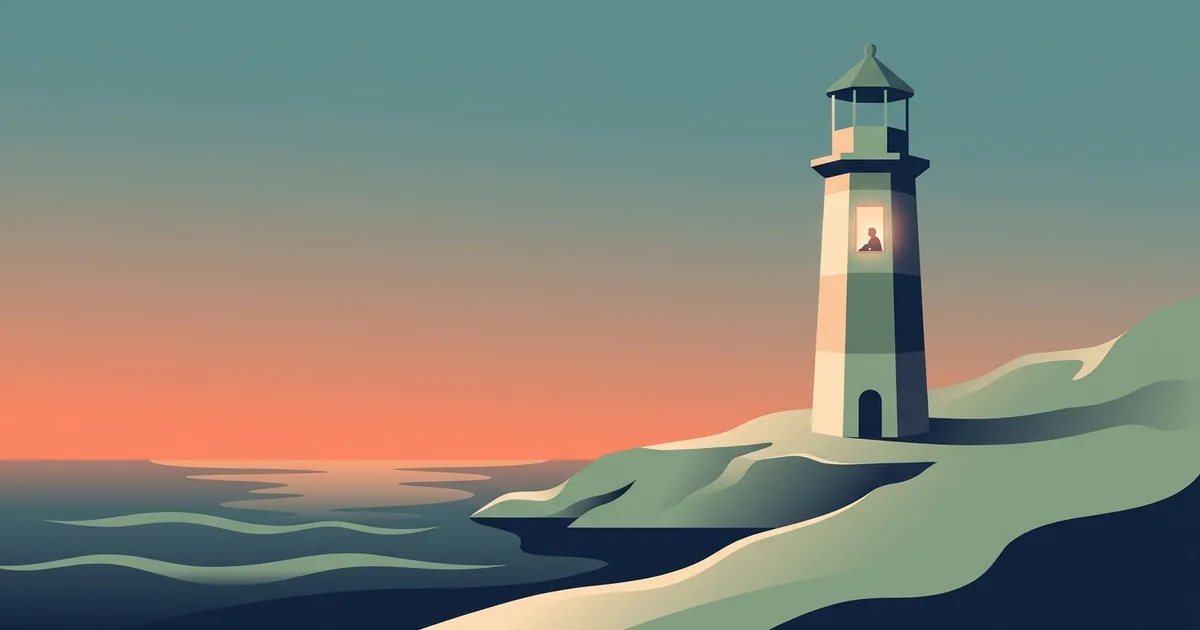 Editorial illustration of a lone lighthouse on a coastal cliff at dusk with one warmly lit window and a single small figure inside, coral and teal sky over a calm sea.