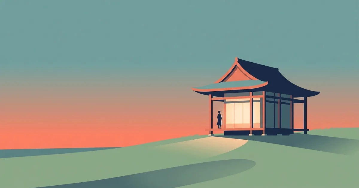 Editorial illustration of a small hilltop pavilion at dusk with one warmly lit lantern and a single small figure standing nearby, coral and teal sky over a sage-green hill.