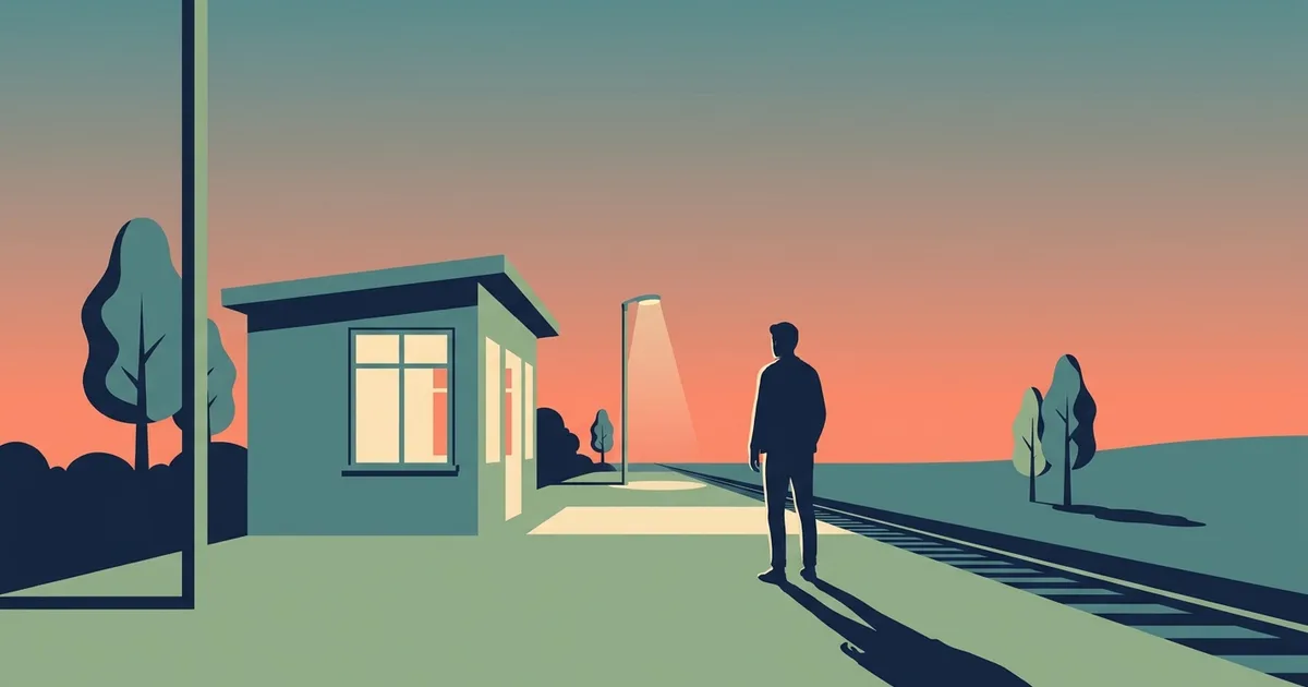 Flat illustration of a small railway platform at dusk with one waiting room window glowing warm yellow and a lone figure looking toward it.