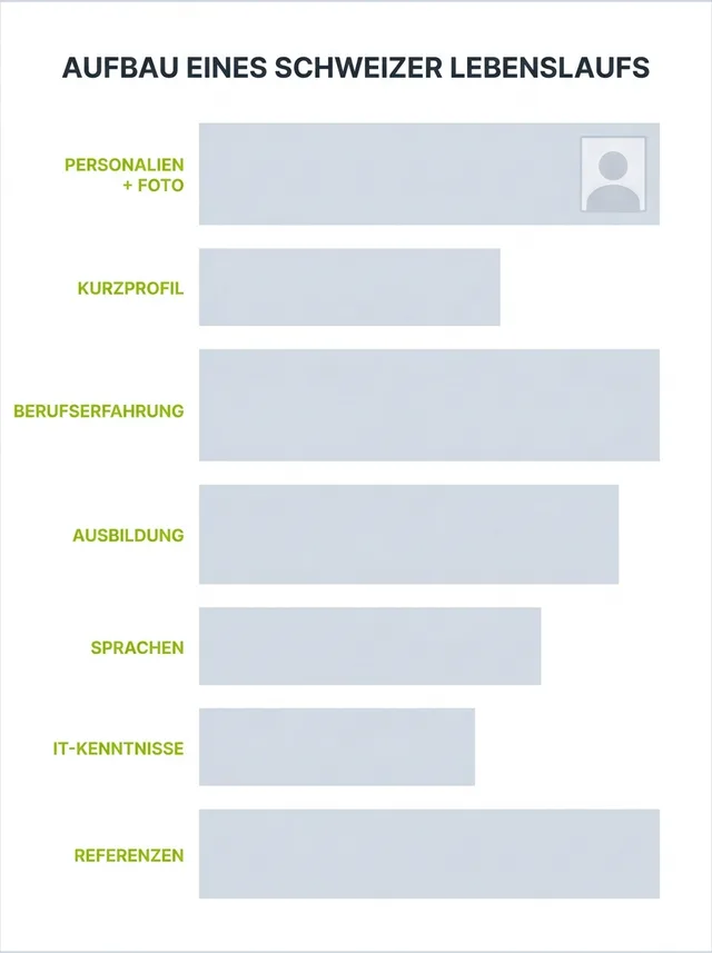 Aufbau eines Schweizer Lebenslaufs mit beschrifteten Abschnitten: Personalien, Kurzprofil, Berufserfahrung, Ausbildung, Sprachen, IT-Kenntnisse, Referenzen