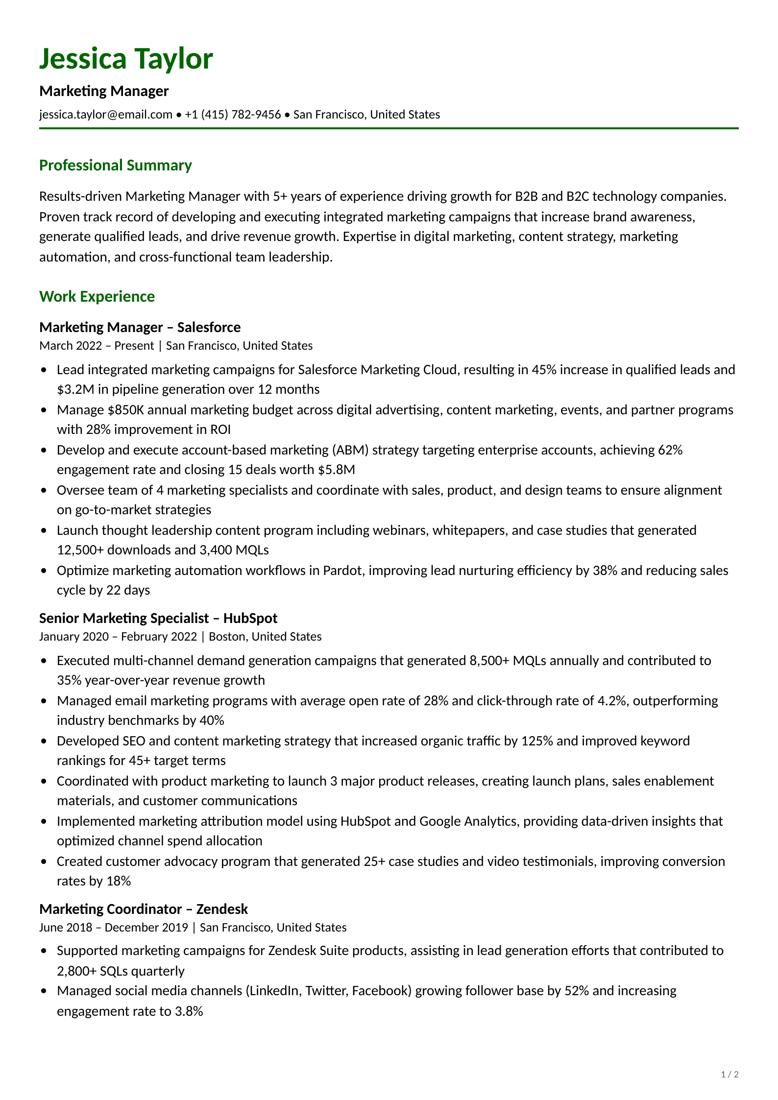 Digital marketing manager resume example highlighting campaign results and analytics skills