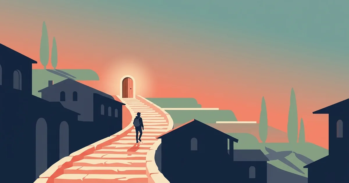 Flat vector illustration of a European hillside town at dusk, a long flight of stone steps leading up to an arched doorway glowing warm yellow, with a lone figure climbing toward it