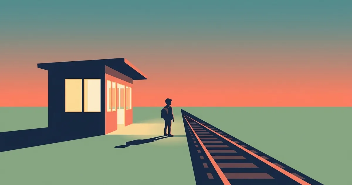 Illustration eines Bahnsteigs in der Abenddaemmerung mit beleuchtetem Wartesaal und einer jungen Person mit Rucksack