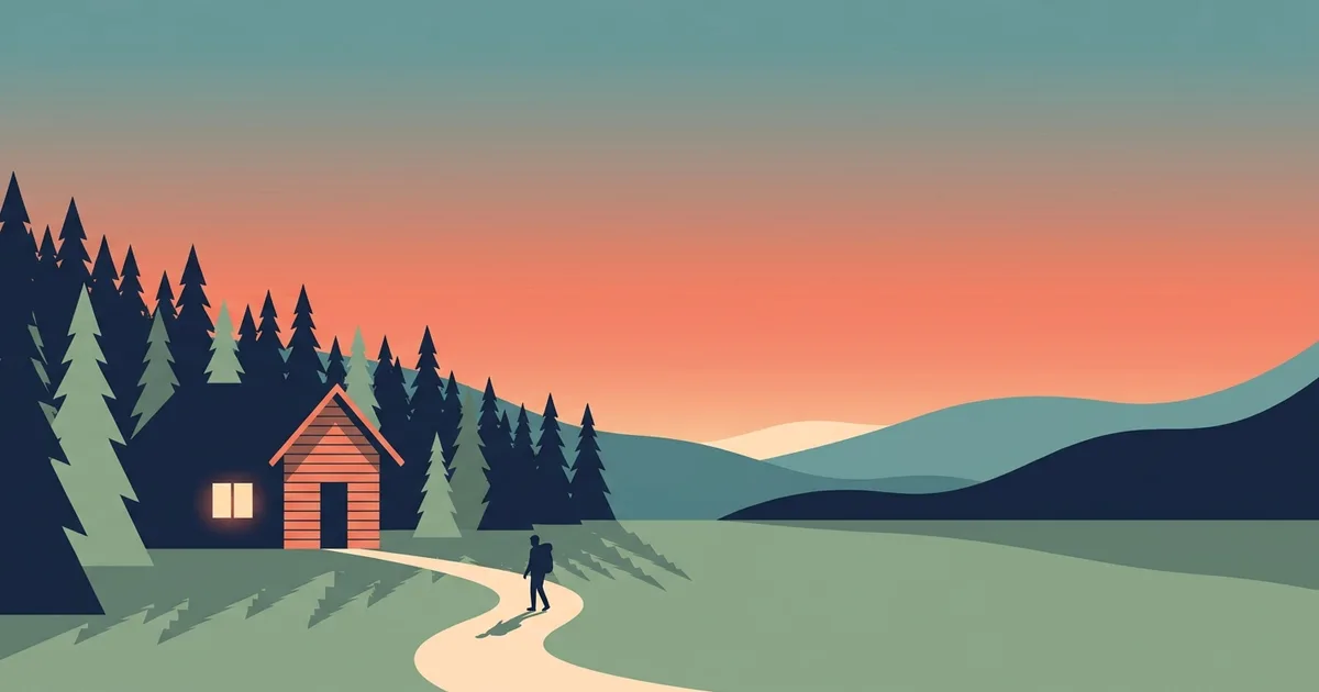 Illustration einer Waldhuette in der Abenddaemmerung mit warm leuchtendem Fenster und einer Person auf dem Weg dorthin