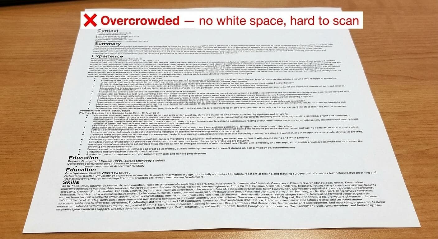 Overcrowded resume with no white space between sections making it hard to scan