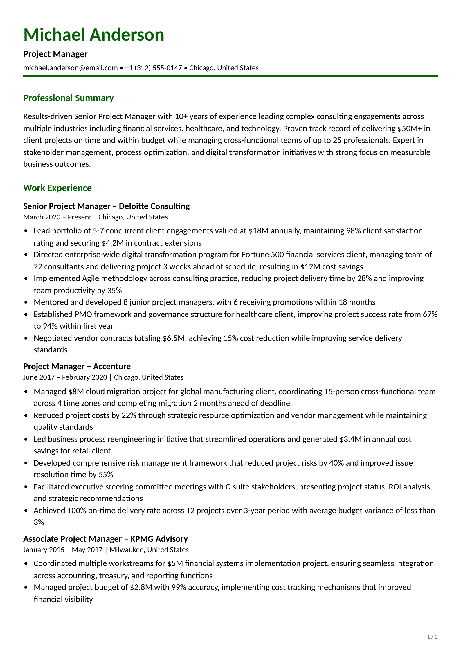 Career changer resume example showing teaching experience repositioned for project management