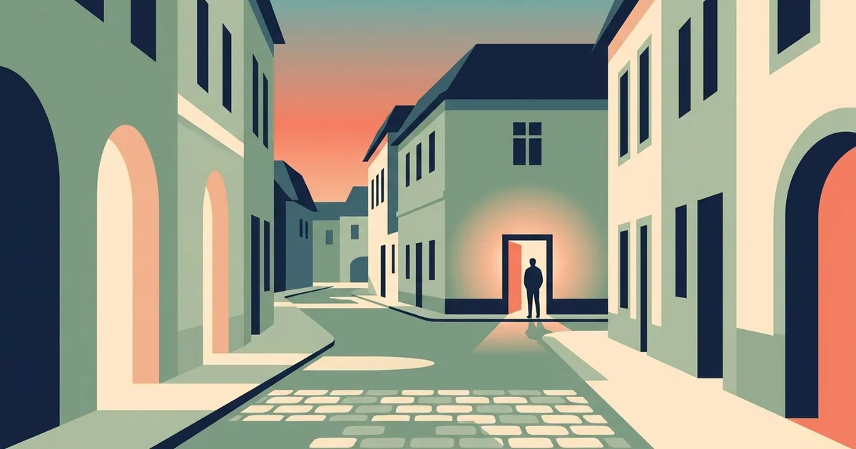 Editorial illustration of a narrow old-town street at dusk with one warmly lit doorway and a single small figure at the threshold, coral and teal sky over sage and cream buildings.