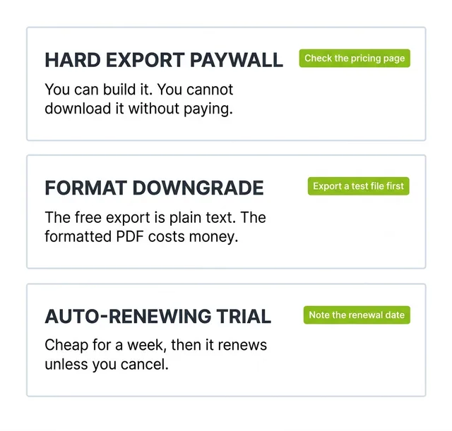 Three stacked panels naming the paywall patterns in free resume builders: hard export paywall, format downgrade, and auto-renewing trial, each with the check to run against it.