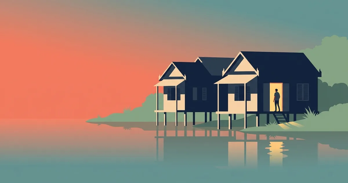Flat vector illustration of stilt houses over calm water at dusk, all dark and shuttered except one with a warmly lit open doorway and a small silhouetted figure standing in it.