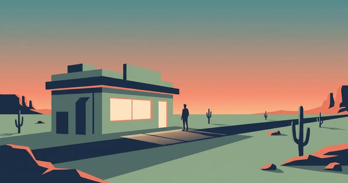 Flat illustration of a roadside diner glowing warm on a quiet desert highway at dusk with a lone figure looking toward it.