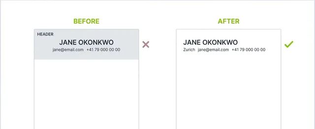 Two resume pages compared: contact details inside a shaded document header marked with a cross, and the same details as the first lines of body text marked with a check