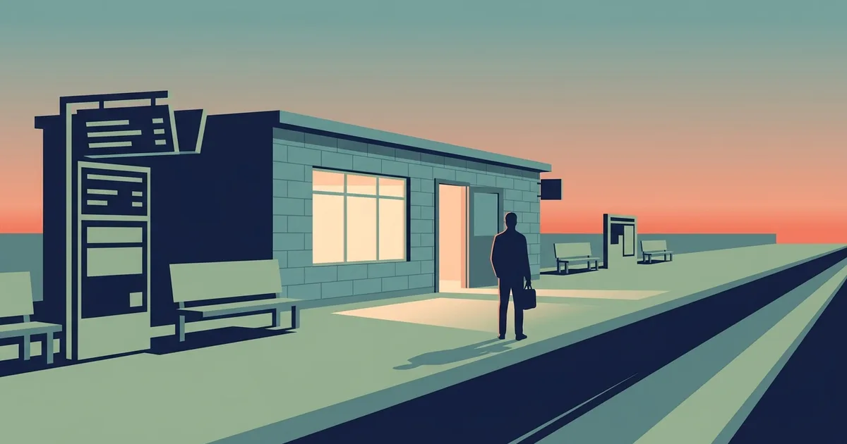 Flat illustration of a railway platform at dusk, a single figure with a bag standing outside a station waiting room whose window glows warm yellow