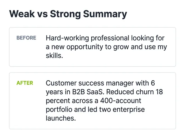 Side-by-side comparison of a weak, generic resume summary and a strong, specific one with quantified results.