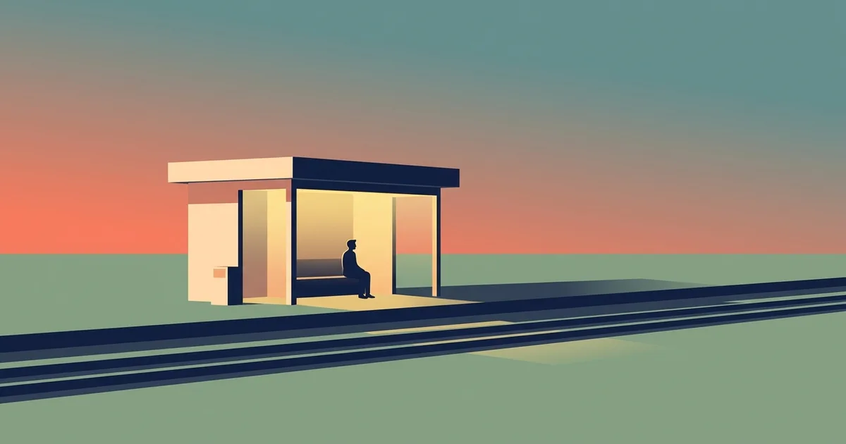 Editorial illustration of a railway platform at dusk with one warmly lit waiting room and a single small figure seated inside, coral and teal sky over sage-green ground.