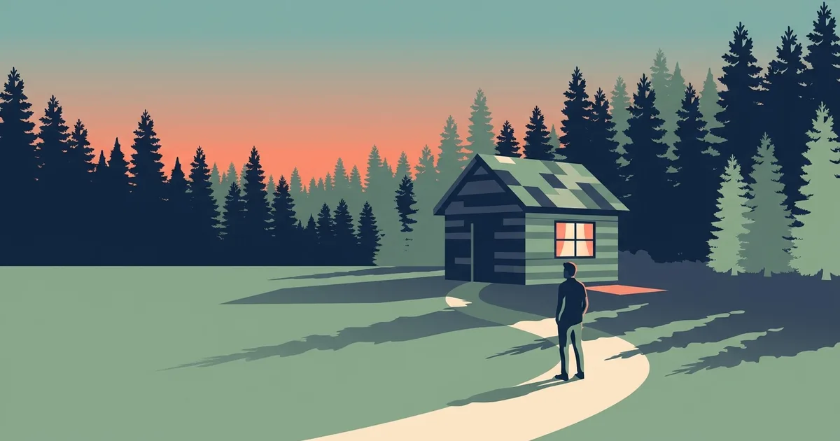 Flat illustration of a lone forest cabin at dusk with one window glowing warm yellow and a figure on the path looking toward it.