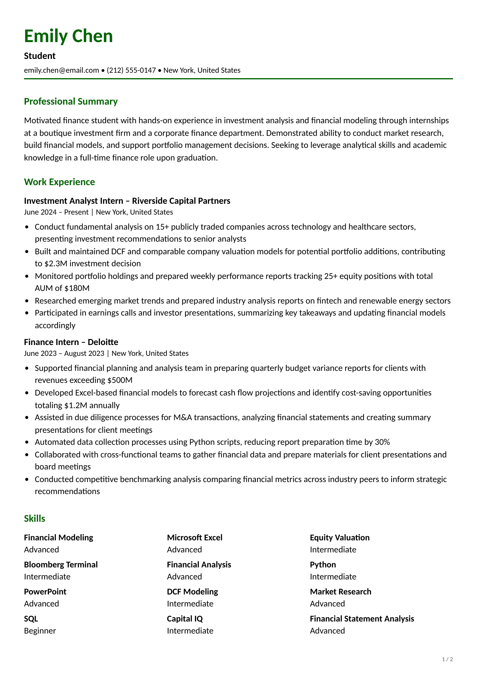 Entry level student resume example with education coursework and internship experience at the top