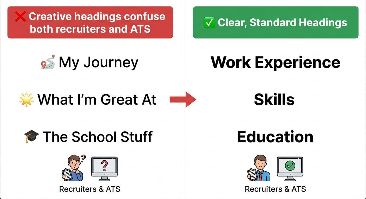 Resume with confusing creative headings compared to standard clear headings that ATS can read