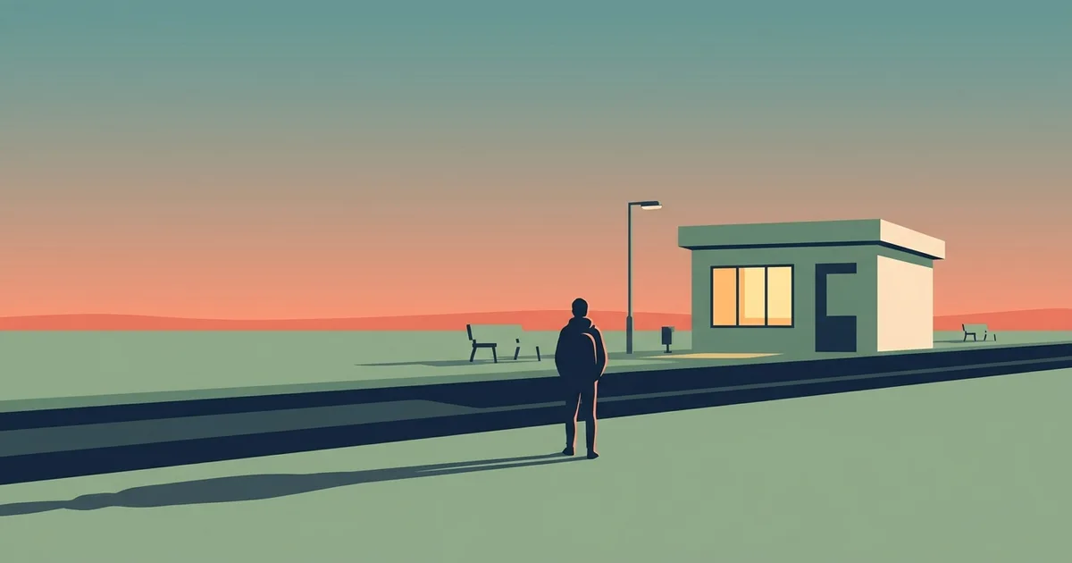 A minimalist illustration of a lone traveler standing on a railway platform at dusk, facing a small station building whose waiting-room window glows warm yellow under a coral-to-teal sky.