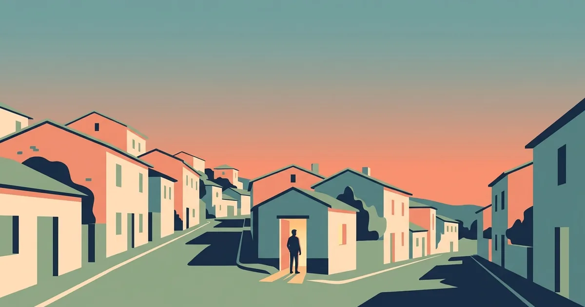 Flat vector illustration of a small European hillside village at warm dusk, with one house showing a warmly lit doorway glowing soft yellow and a single small silhouetted figure standing just inside it.