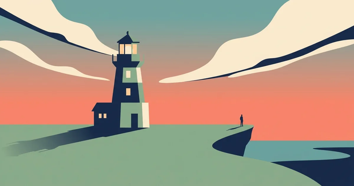 Flat illustration of a lighthouse glowing at dusk on a coastal cliff with a small figure looking toward the light