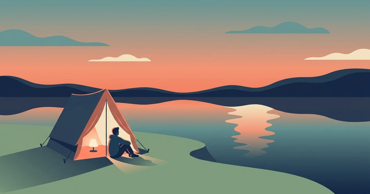 Flat vector illustration of a small tent pitched on the shore of a calm mountain lake at dusk, its opening glowing warm yellow with one figure sitting just inside