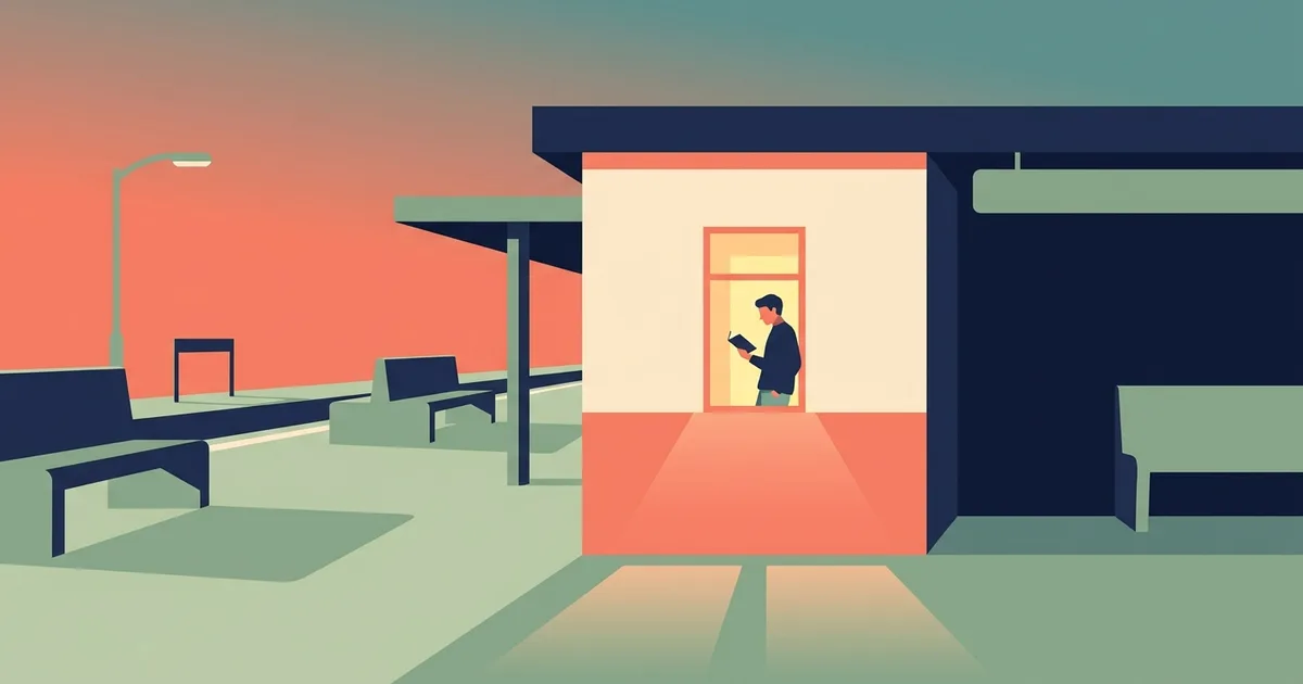 Editorial illustration of a small figure reading inside a warmly lit railway waiting room at dusk, representing addressing a letter to a specific person.