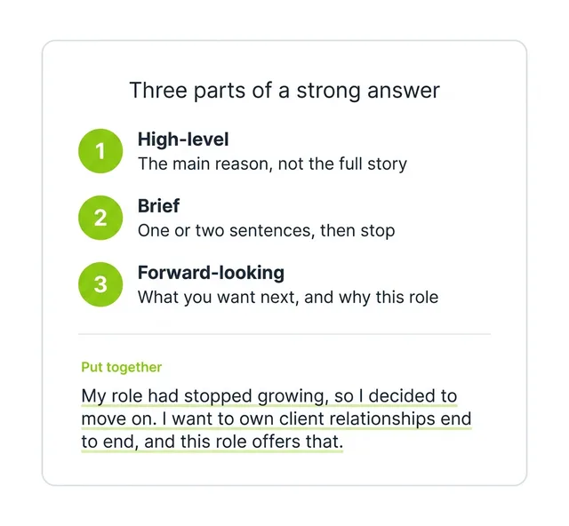 Card listing three parts of a strong answer, high-level, brief and forward-looking, followed by an example answer that combines them
