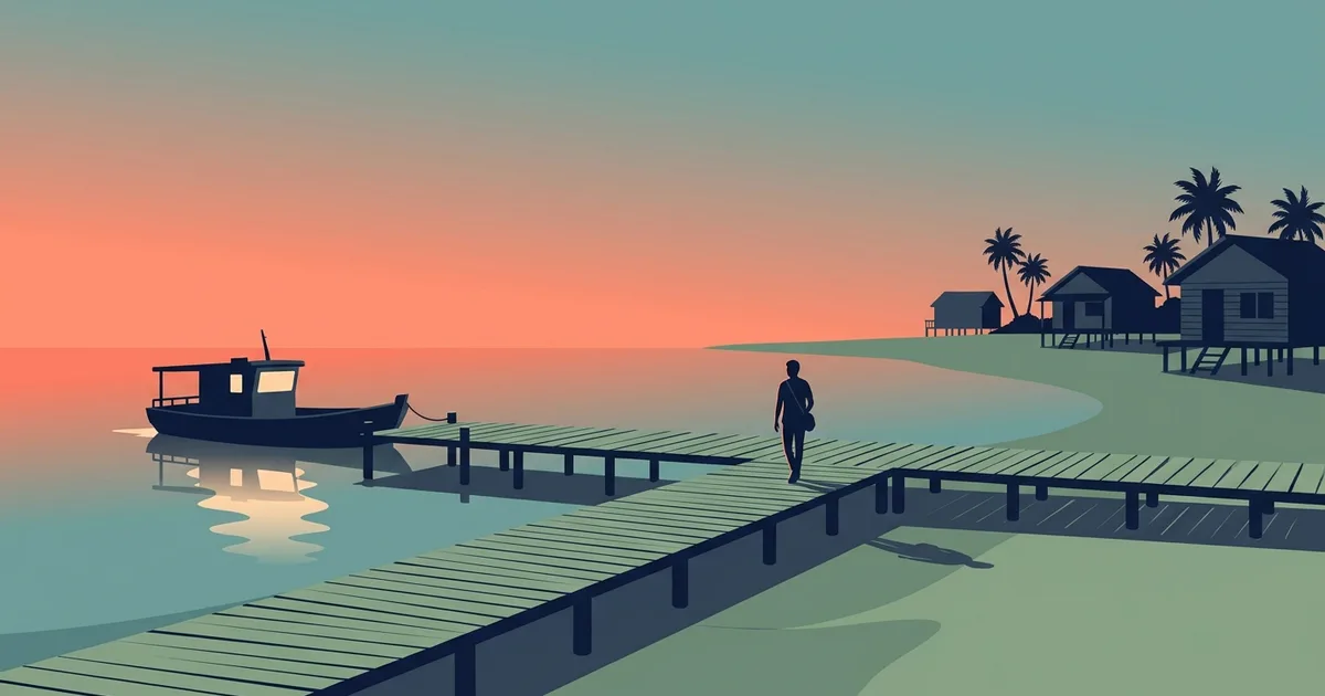 Flat vector illustration of a wooden ferry pier on a calm bay at dusk, a small boat with one warmly lit cabin window and a lone figure walking along the pier toward it