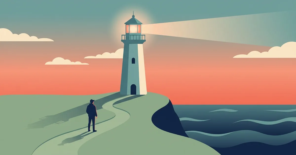 Flat illustration of a clifftop lighthouse at dusk, its lamp room glowing warm yellow, with a lone figure on the path looking toward it.