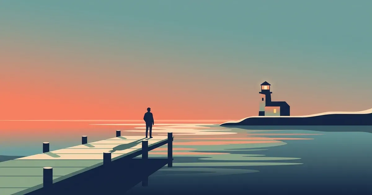 Flat illustration of a lone figure on a harbour jetty at dusk facing a lighthouse with one warmly lit window, the threshold of a Zoll Bewerbung.