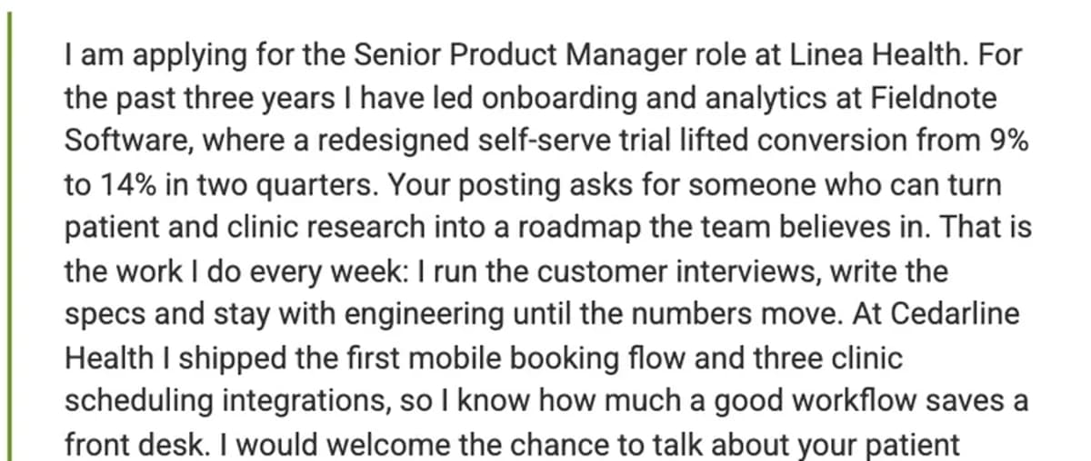 The opening of a cover letter written from a resume