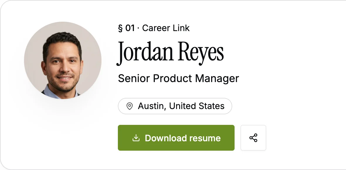 A career page with photo, name and download button