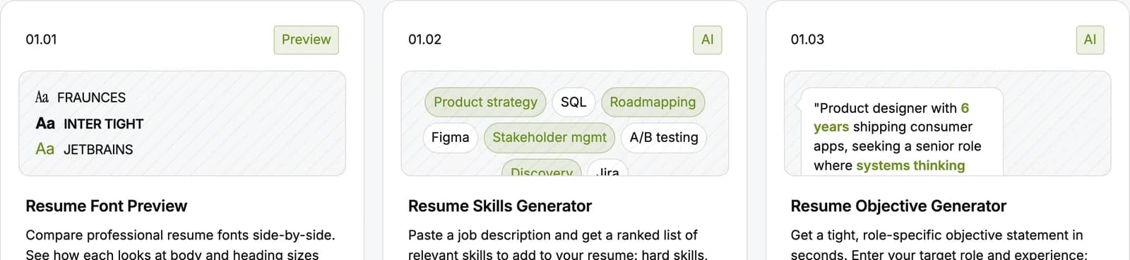 Tool cards from the Careerkit tools page