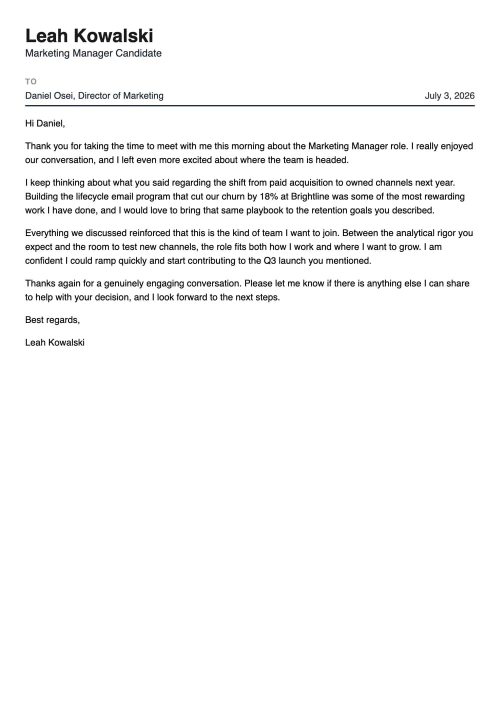 Thank You Letter After an Interview Example and Template: the full letter, exported from careerkit.