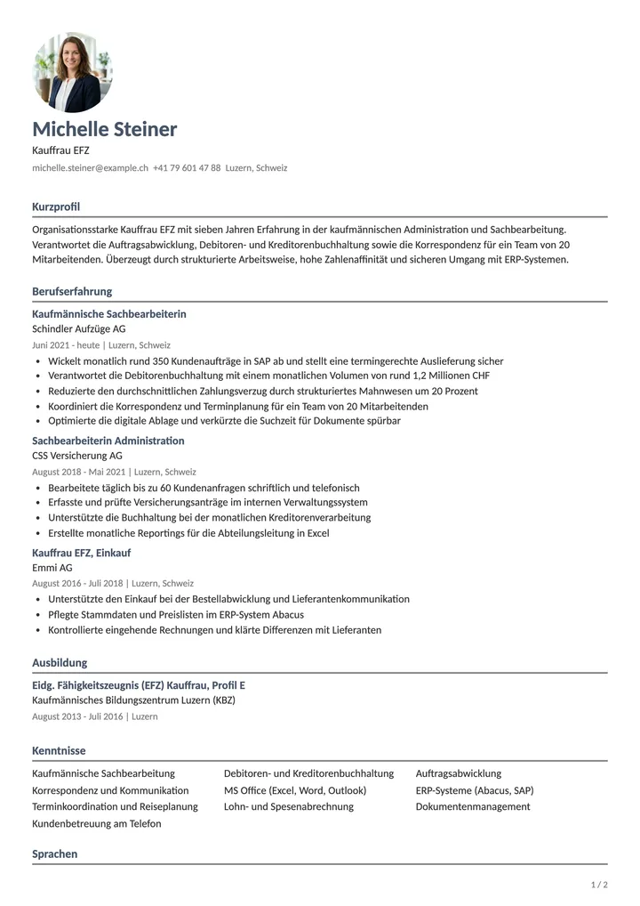 Lebenslauf Vorlage Bürokauffrau (Schweiz)