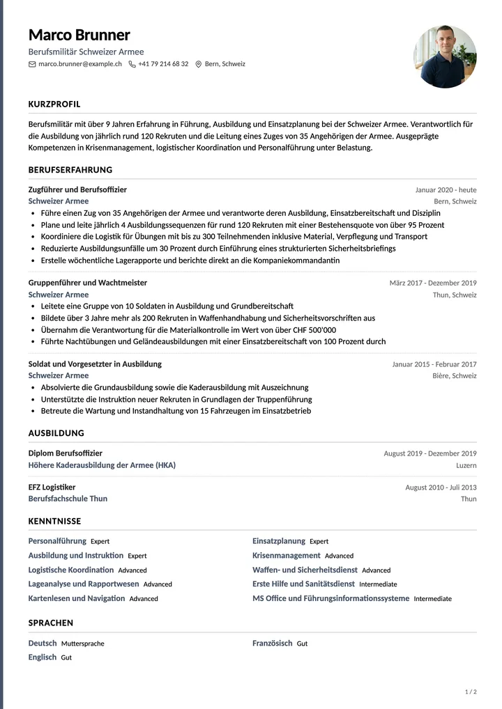 Lebenslauf Vorlage Bundeswehr (Schweiz)