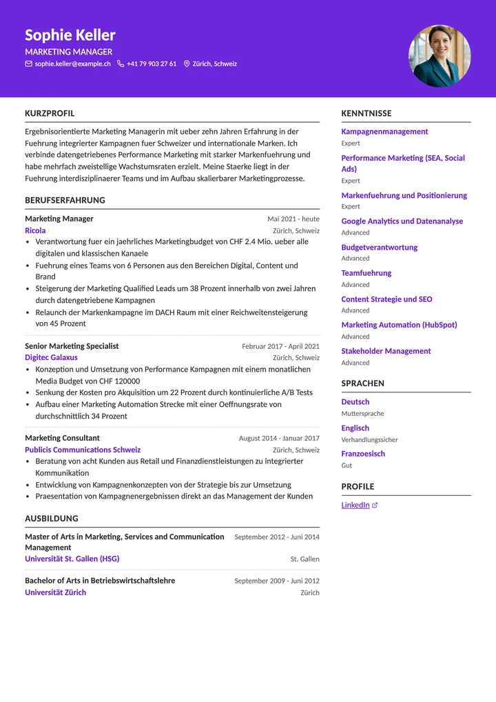 Lebenslauf Vorlage Marketing Manager (Schweiz)