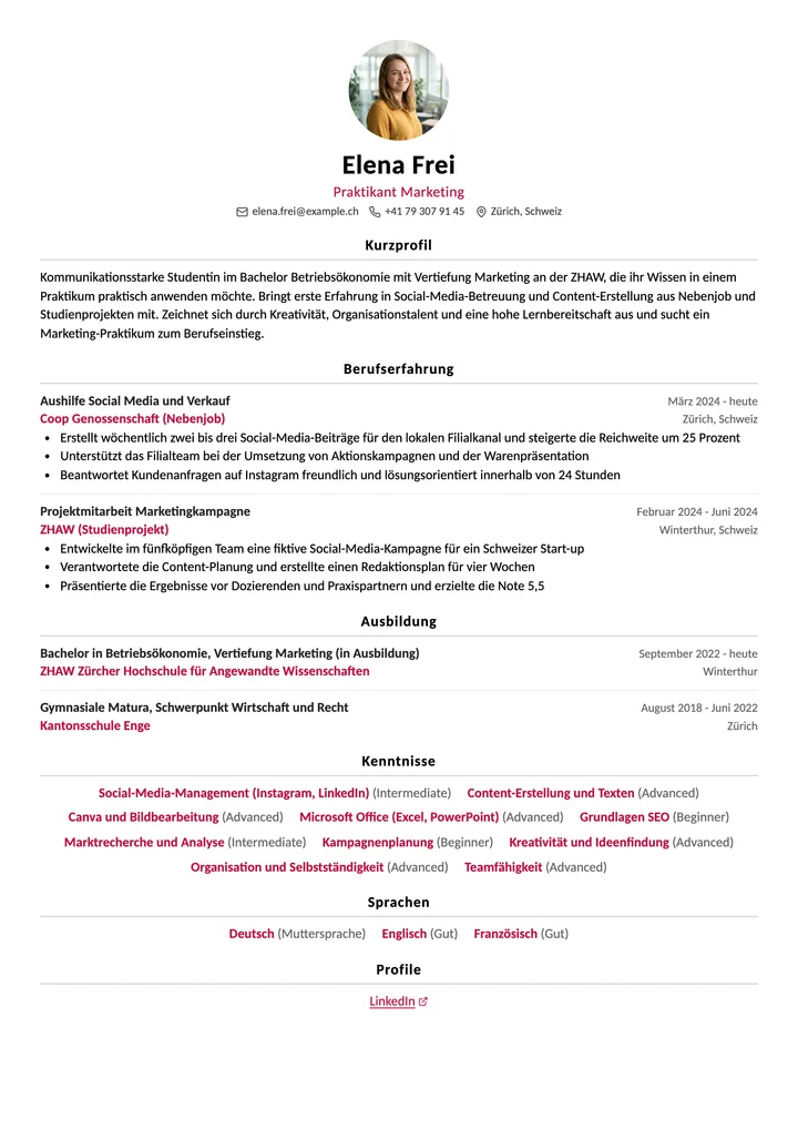 Lebenslauf Vorlage Praktikum (Schweiz)