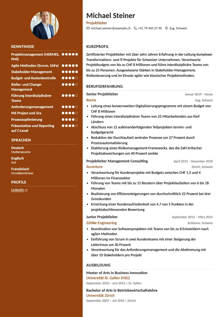 Lebenslauf Vorlage Projektmanager (Schweiz)
