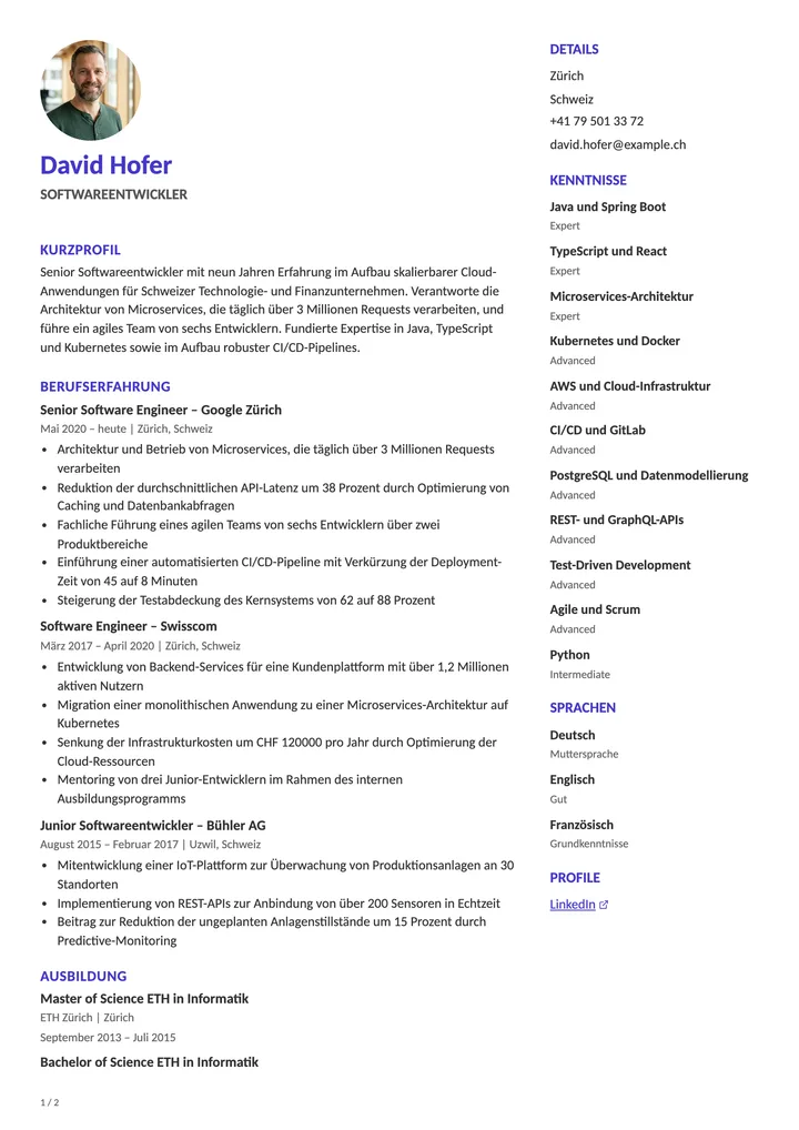 Lebenslauf Vorlage Softwareentwickler (Schweiz)