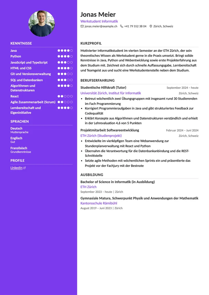 Lebenslauf Vorlage Werkstudent (Schweiz)